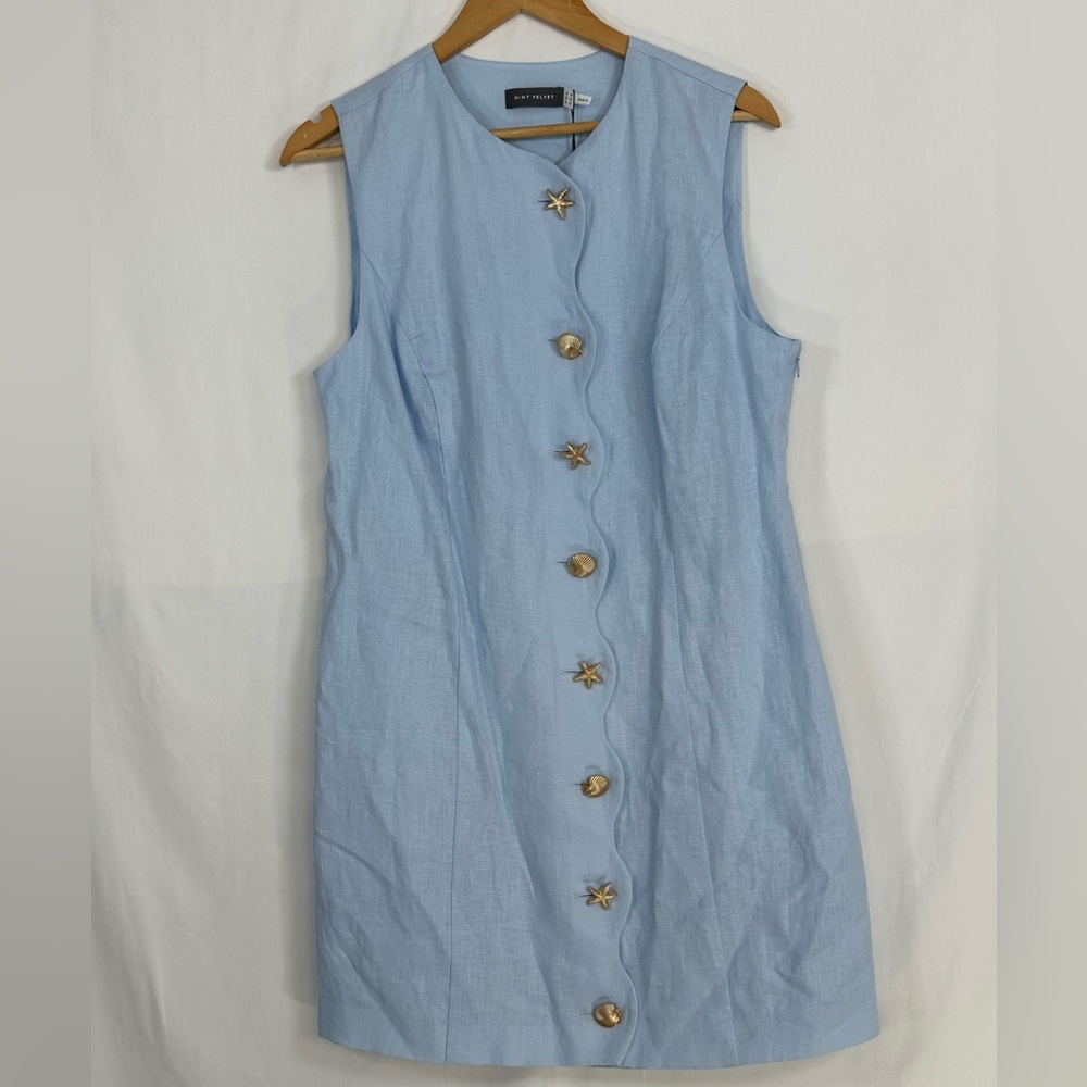 Mint Velvet Starfish Mini Linen Blue Dress Size 10 New Coastal Classic Beach